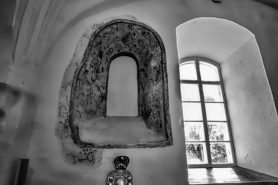 monochrome Old window in Teda church. Photograph by Leif Sohlman