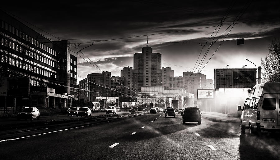 Monochrome Urban Russian Highway and Sunrays Photograph by John Williams