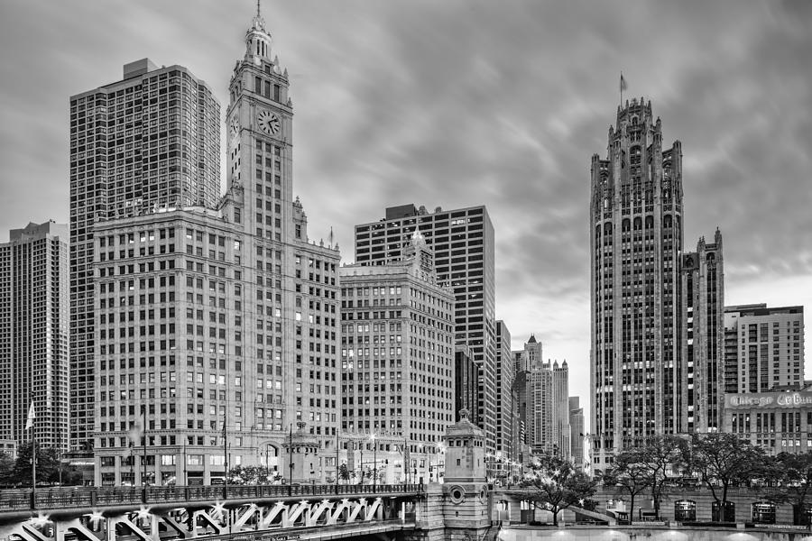 Monochrome Wrigley and Chicago Tribune Buildings - Michigan Avenue Dusable Bridge Chicago Illinois Photograph by Silvio Ligutti