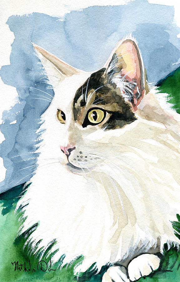 Monocle Fluffy Long Haired Cat Portrait Painting By Dora Hathazi