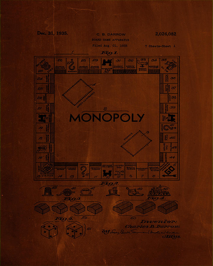 Monopoly Board Game Patent drawing 1b Mixed Media by Brian Reaves