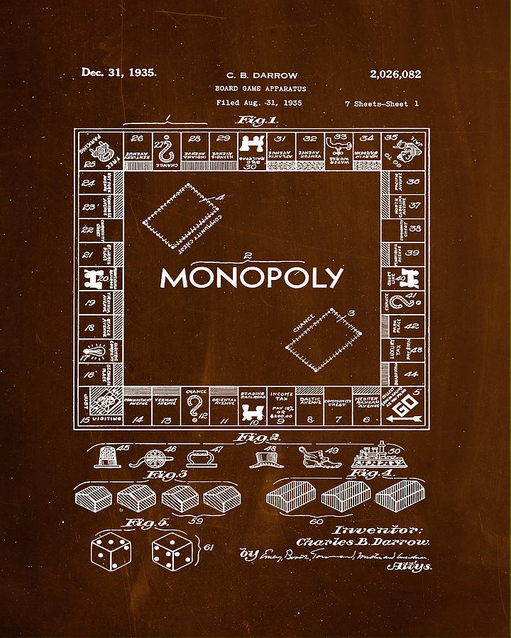 Monopoly Board Game Patent drawing 1e Mixed Media by Brian Reaves