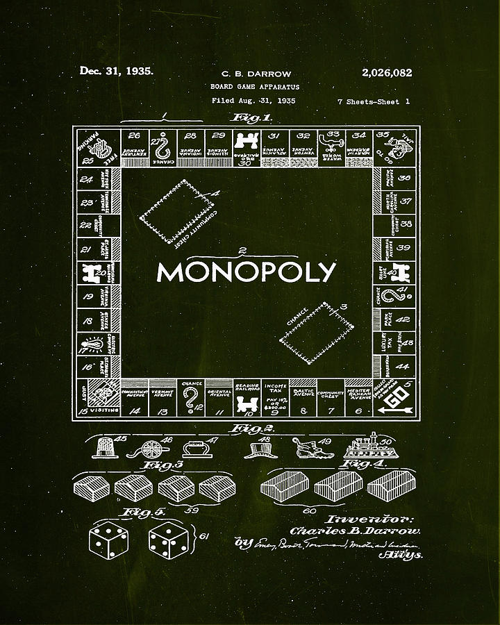 Monopoly Board Game Patent drawing Mixed Media by Brian Reaves