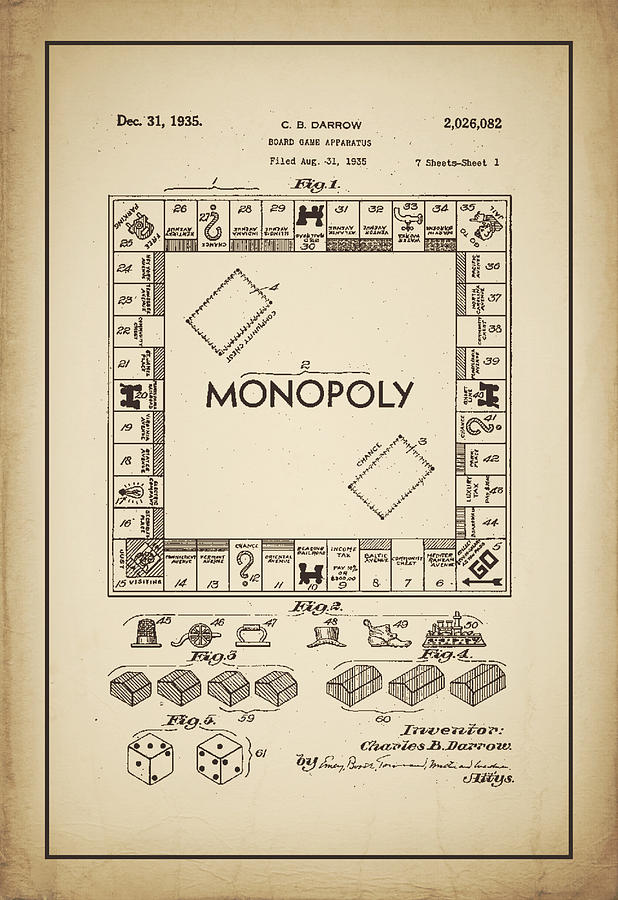 Dice Digital Art - Monopoly Patent 1935 Vintage Border by Terry DeLuco