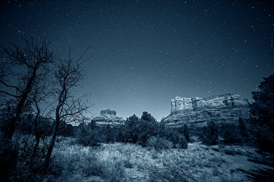 Monochrome Blue Nights Starry Sky over Bell Rock in Sedona AZ Arizona Photograph by Toby McGuire