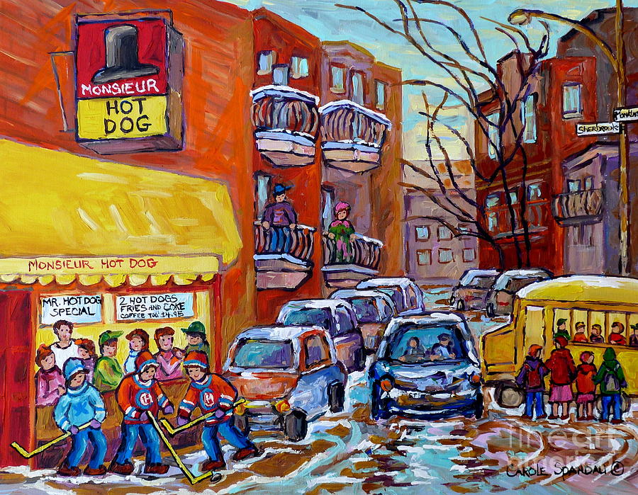 Monsieur Hot Dog Montreal 375 Canadian Hockey Art Painting Carole Spandau Winter City Scenes         Painting by Carole Spandau
