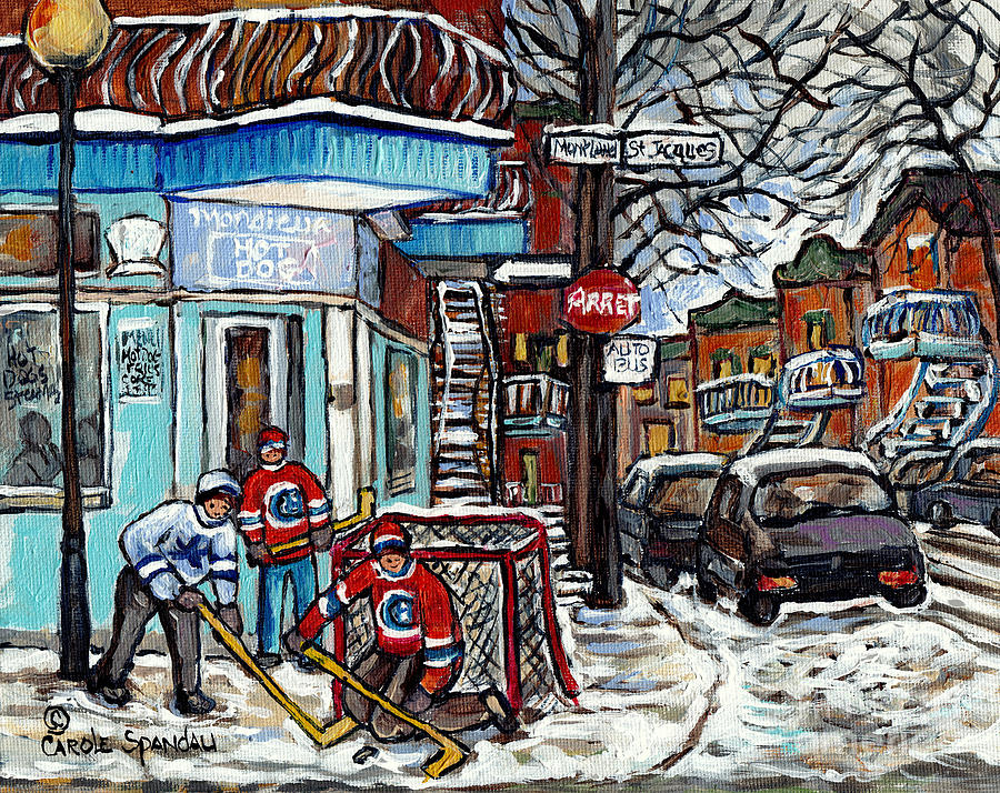 Monsieur Hot Dog Montreal Winter In The City Streetscene Hockey Art Paintings For Sale C Spandau Art Painting by Carole Spandau