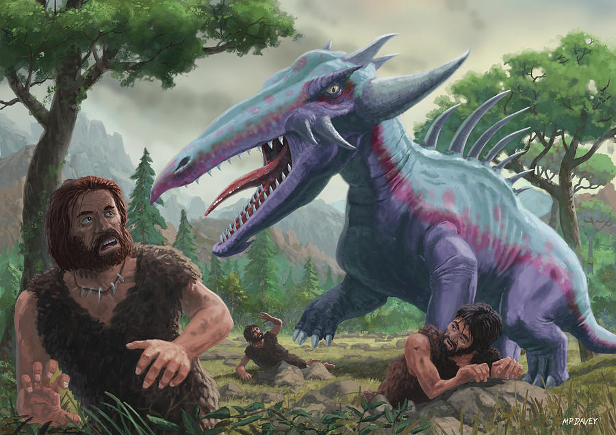 Dinosaur Painting - Monster Attacking Cavemen by Martin Davey