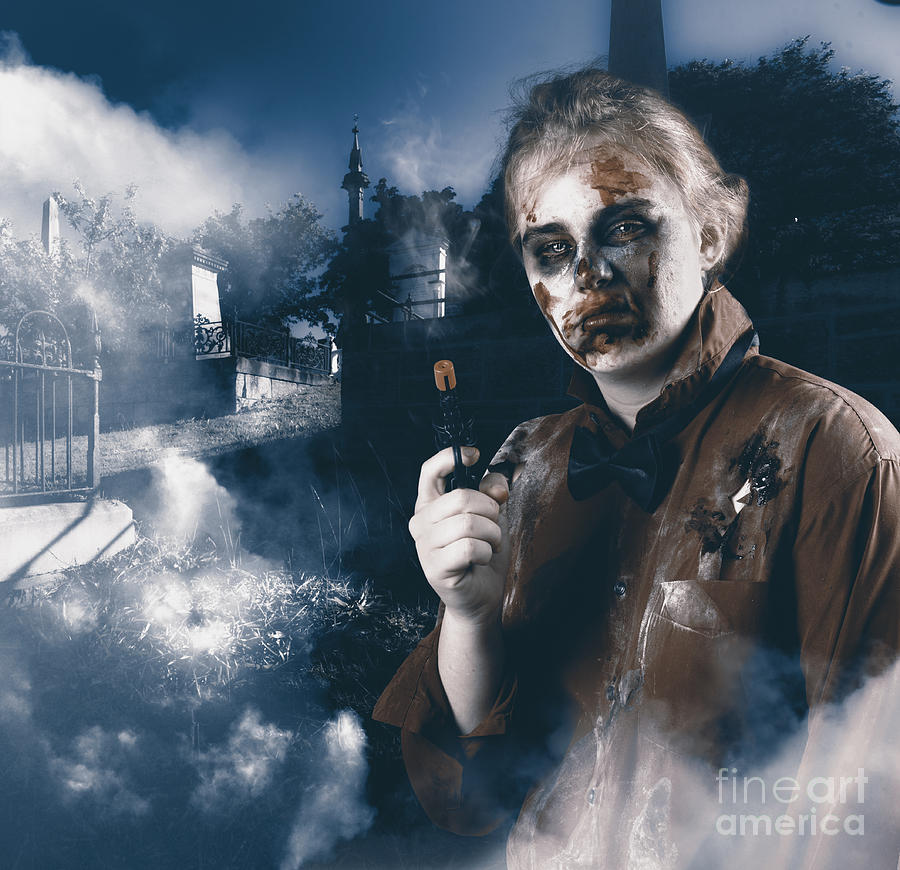Halloween Photograph - Monster in cemetery holding gun. Grave robber by Jorgo Photography
