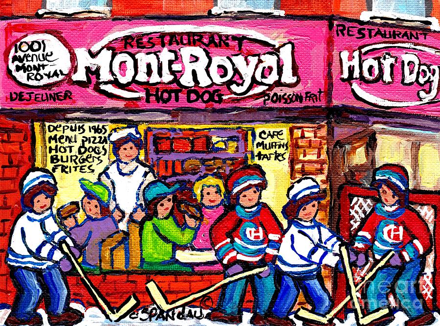 Mont Royal Hotdog Restaurant Painting Montreal Winter Scene Canadian Hockey Art                    Painting by Carole Spandau