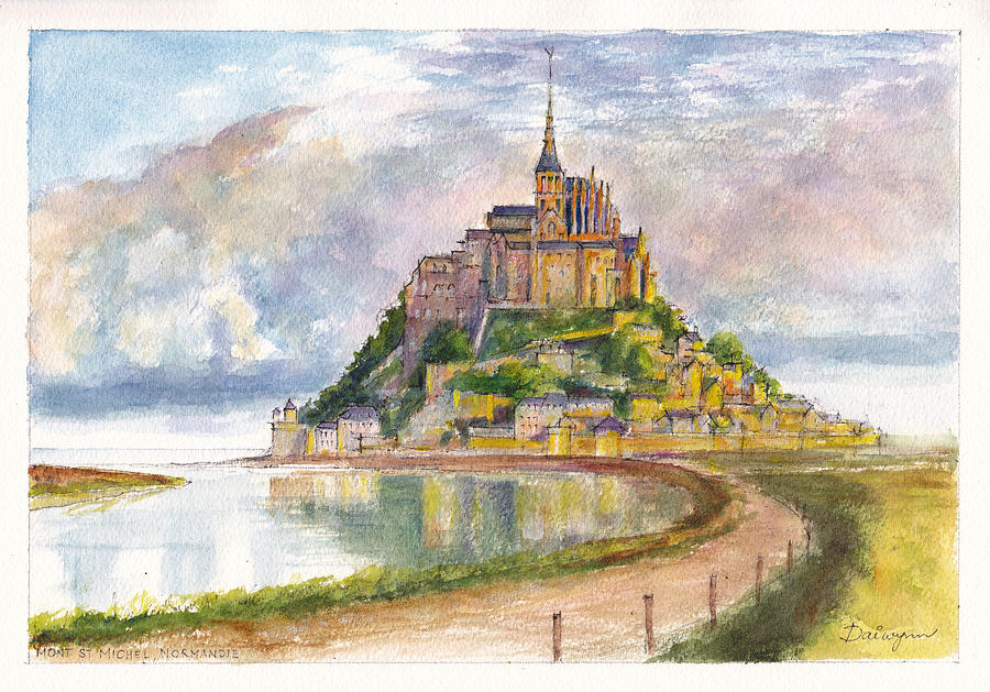 Sunset Painting - Mont Saint Michel Aquarelle by Dai Wynn
