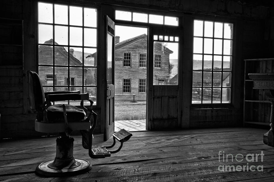 Montana Ghost Town Barber Chair Black And White Photograph by Adam Jewell