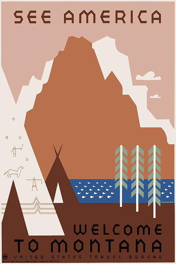 Montana - Minimalist Illustration Of A Tepee Tent, Trees And Mountain - Vintage Poster - See America Painting