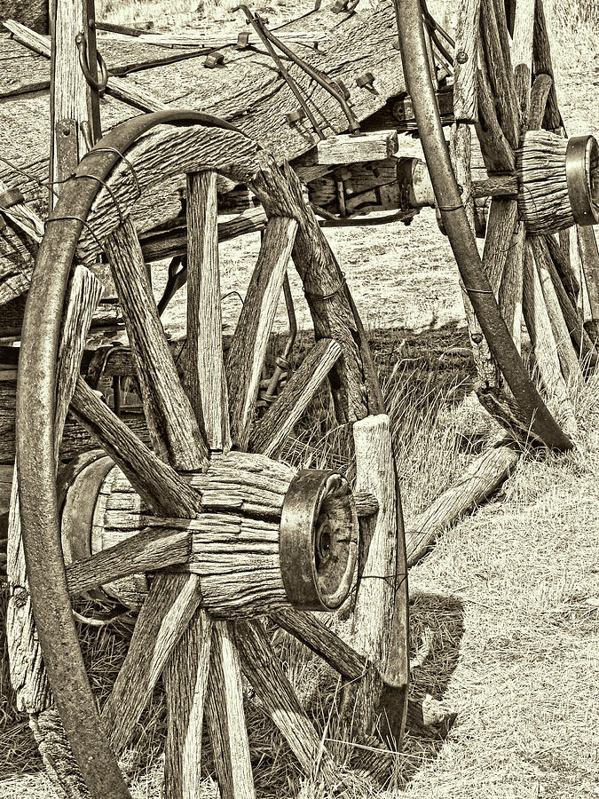 Montana Old Wagon Wheels in Sepia Photograph by Jennie Marie Schell