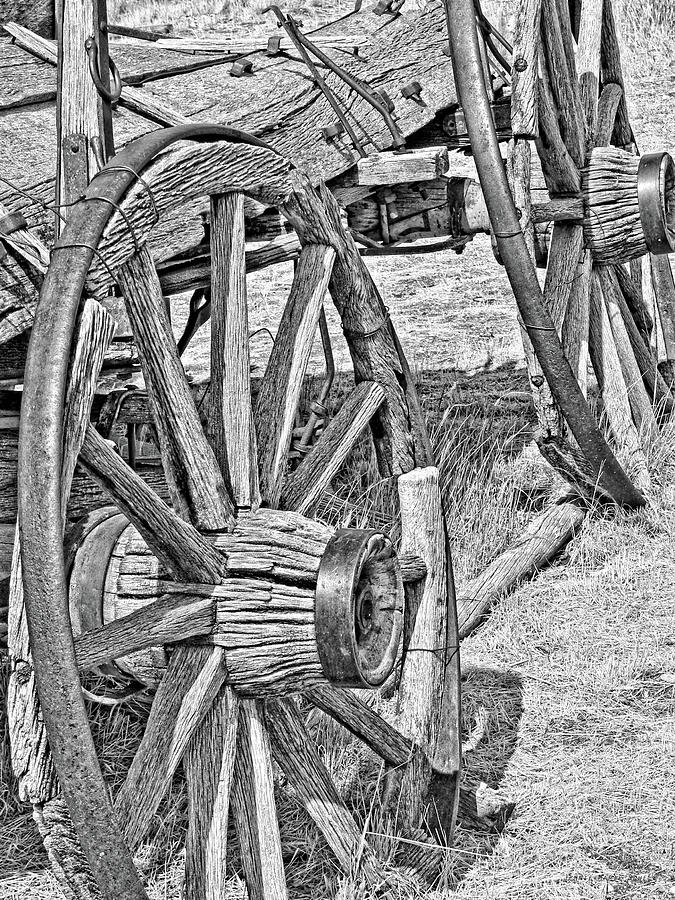 Montana Old Wagon Wheels Monochrome Photograph by Jennie Marie Schell