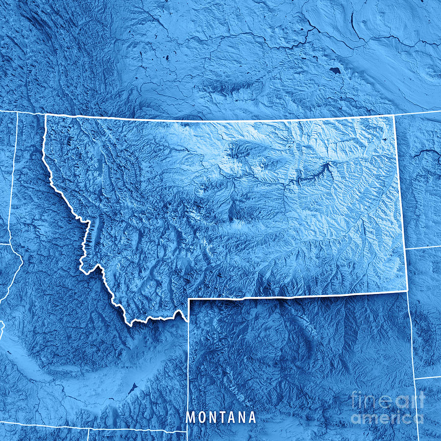Map Digital Art - Montana State USA 3D Render Topographic Map Blue Border by Frank Ramspott