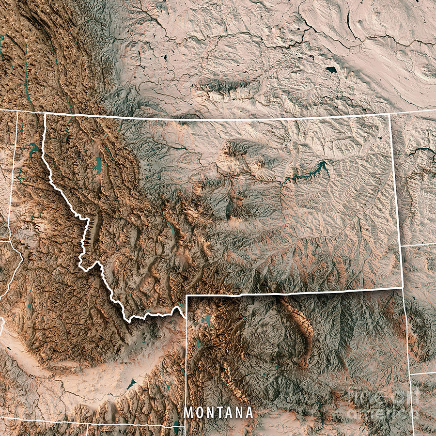 Map Digital Art - Montana State USA 3D Render Topographic Map Neutral Border by Frank Ramspott