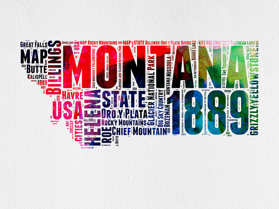 Montana Map Digital Art - Montana Watercolor Word Cloud  by Naxart Studio