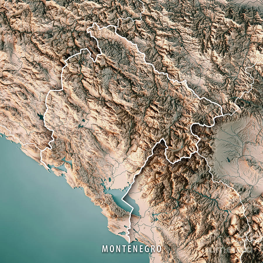 Map Digital Art - Montenegro Country 3D Render Topographic Map Neutral Border by Frank Ramspott