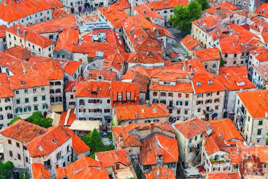 Montenegro Kotor Rooftops Digital Painting Digital Art by Antony McAulay
