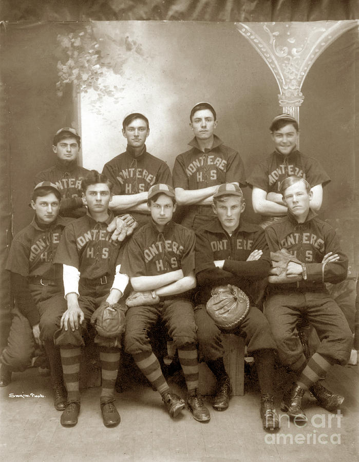 Bat Photograph - Monterey High School Baseball team circa 1908 by Monterey County Historical Society