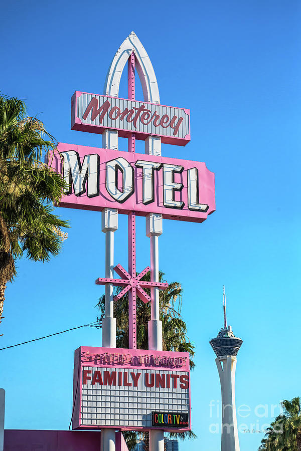 Las Vegas Photograph - Monterey Motel Sign and the Stratosphere by Aloha Art