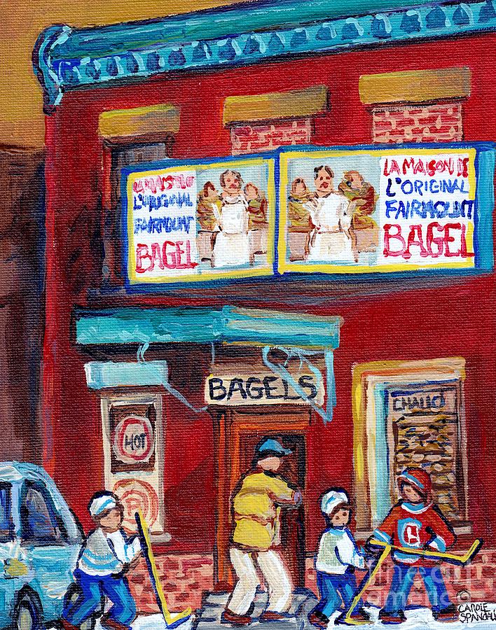 Montreal Art Fairmount Bagel Paintings For Sale Canadian Hockey Street Scene C Spandau Quebec Artist Painting by Carole Spandau
