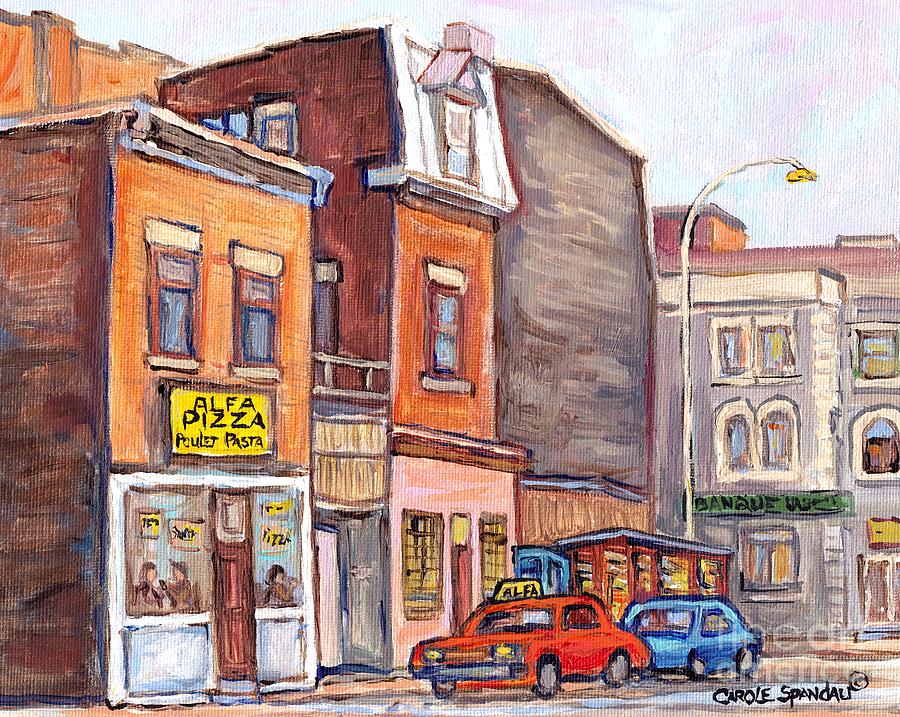 Montreal Art Streetscene Painting Storefront Shops News Stand Alpha Pizza Neighborhood Art C Spandau Painting by Carole Spandau