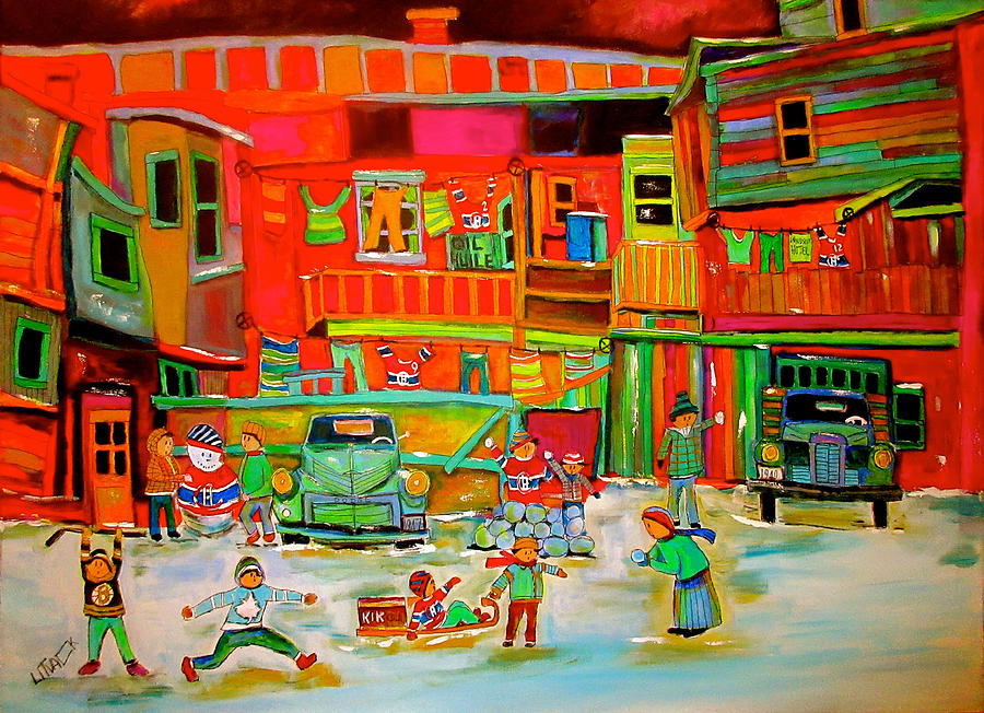 Montreal Backlane Winter Sports Painting by Michael Litvack