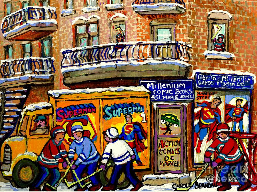 Montreal Comic Book Shop Librarie Millenium Hockey Art Superman Comics Winter Snow Scene Painting Painting by Carole Spandau