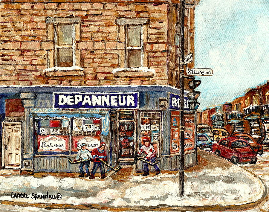 Montreal Corner Depanneur With Hockey Art Verdun Winter City Scene Canadian Painting Carole Spandau  Painting by Carole Spandau