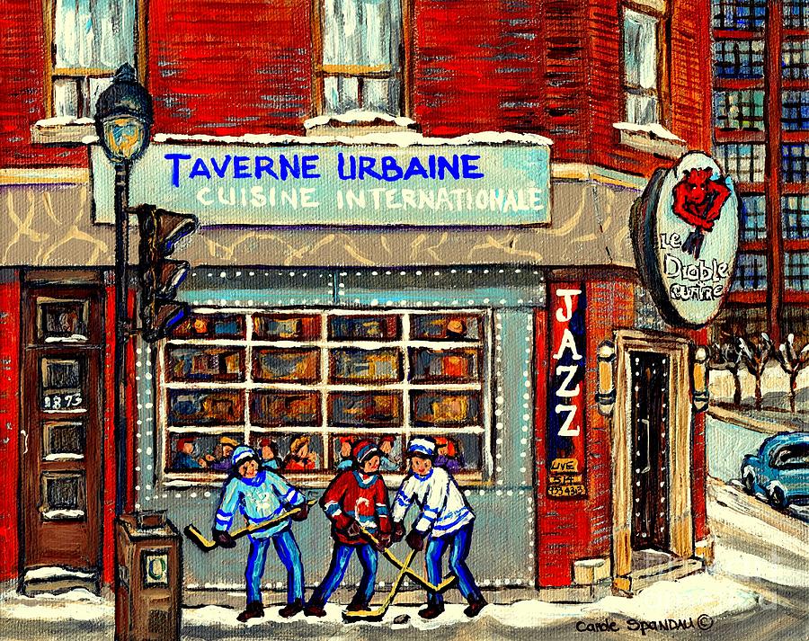 Montreal Corner Jazz Bar Taverne Urbaine Hockey Art Winter Scene Canadian Painting Carole Spandau    Painting by Carole Spandau