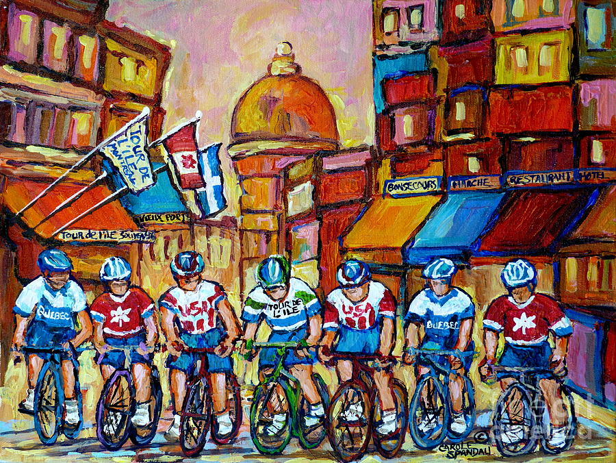 Montreal Cyclists Old Montreal Bike Race Tour De Lile Canadian Paintings Carole Spandau             Painting by Carole Spandau