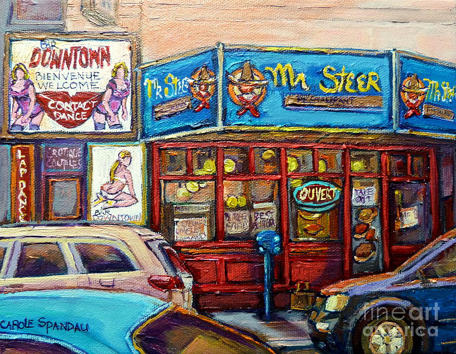 Montreal Downtown City Scene Painting Mr Steer Restaurant Store Sign Canadian Art Carole Spandau     Painting by Carole Spandau