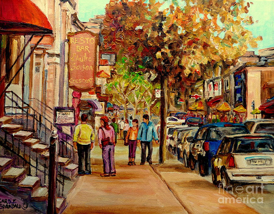Montreal Downtown  Crescent Street Couples Walking Near Cafes And Rstaurants City Scenes Art    Painting by Carole Spandau