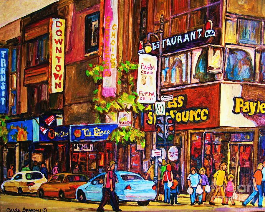 Montreal Downtown Payless Store St Catherine Street Busy Street With Stores And People City Scenes Painting by Carole Spandau
