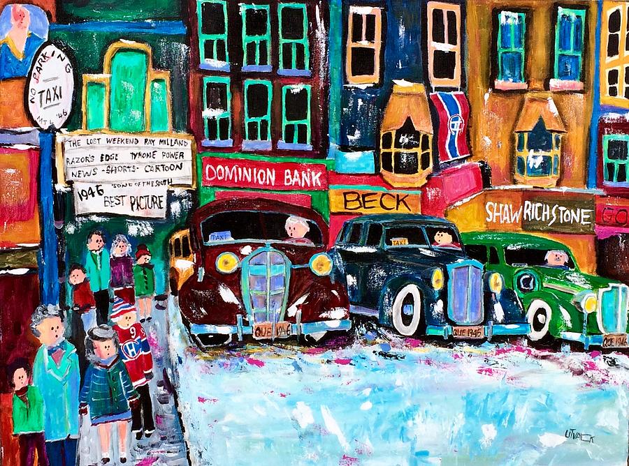 Montreal  Downtown Winter Traffic 1946  Painting by Michael Litvack