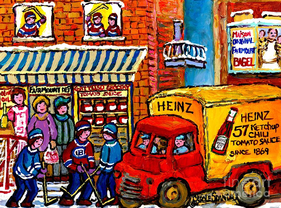 Montreal Gattuso Grocer Rue Fairmount Street Hockey Game Heinz Ketchup Delivery Truck Carole Spandau Painting by Carole Spandau