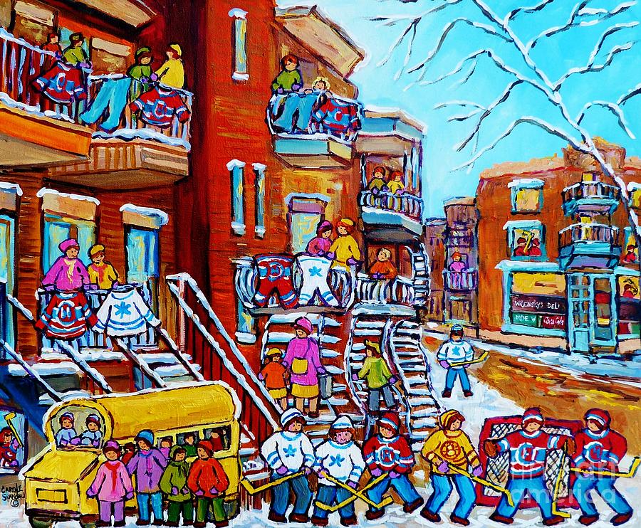 Montreal Hockey Art Original Canadian Winter Scene Painting For Sale Wash Day Wilenskys C Spandau Painting by Carole Spandau