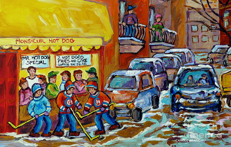 Montreal Hockey Scene Near Monsieur Hot Dog Vintage Restaurant Canadian Art Carole Spandau           Painting by Carole Spandau