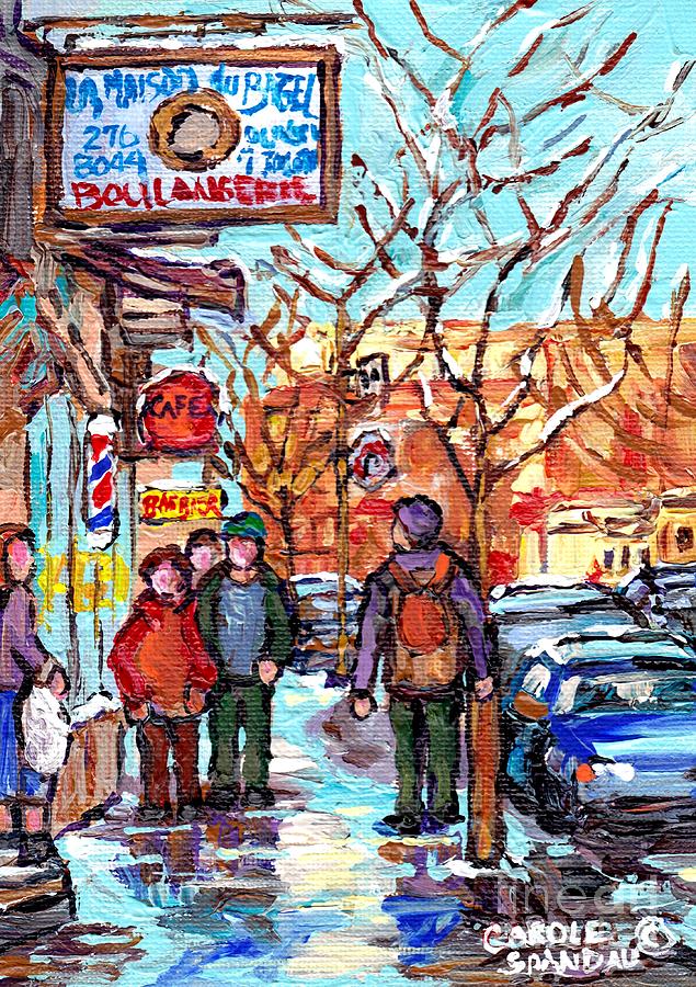Montreal Landmark Marquee St Viateur Bagel Sign Snowy Winter Walk Canadian Artist Carole Spandau     Painting by Carole Spandau