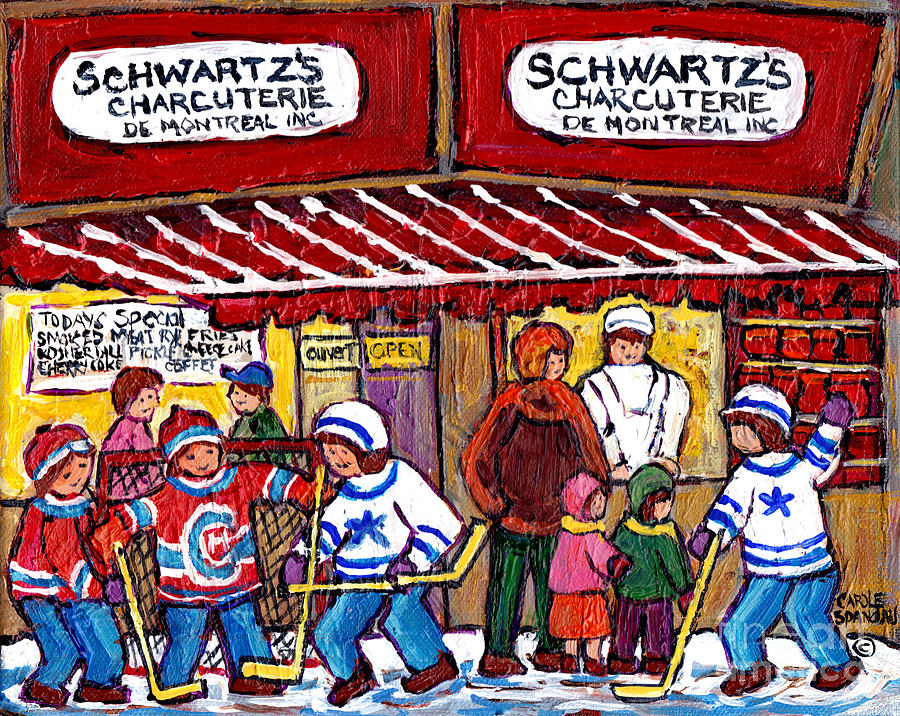 Montreal Landmarks Schwartz s Deli Painting For Sale Canadian Winterscene Hockey Art C Spandau     Painting by Carole Spandau