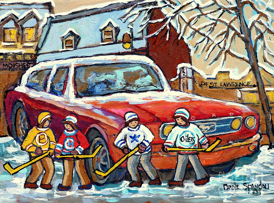 Hockey Painting - Montreal Landmarks Winterscenes For Sale Hockey Game Across Moishes Restaurant C Spandau Artist     by Carole Spandau