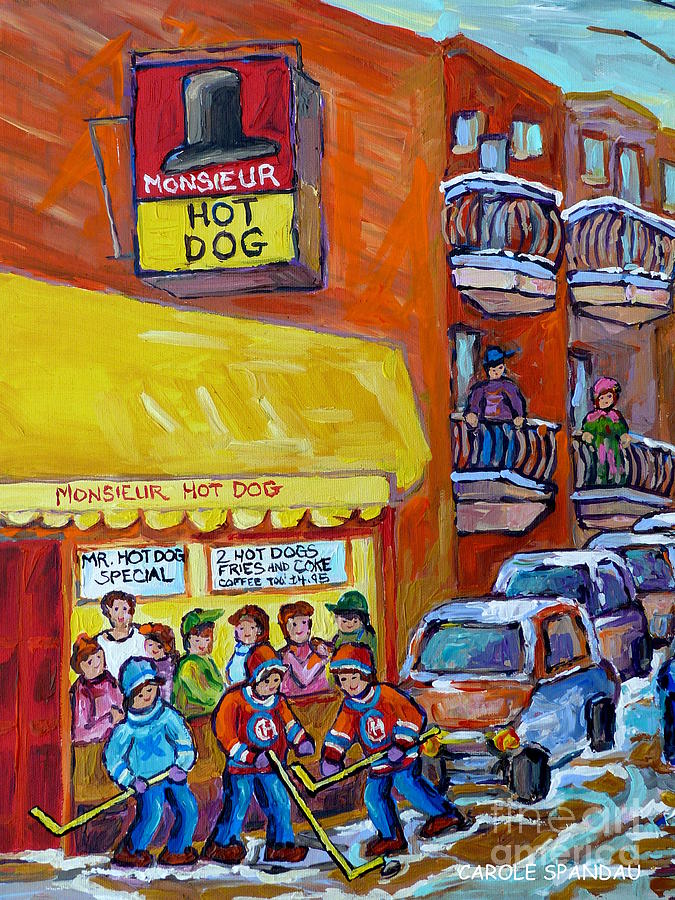 Montreal Memories Favorite Hot Dog Diner Mr Hot Dog Canadian Winter Scene Hockey Art Carole Spandau  Painting by Carole Spandau