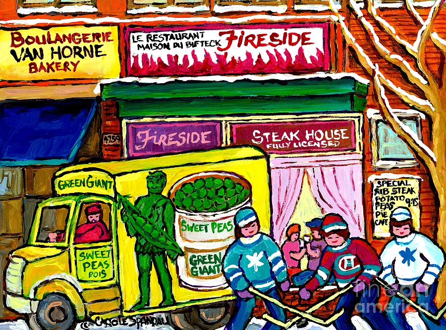 Vintage Sign Painting - Montreal Memories Fireside Steakhouse Rue Van Horne Canadian Hockey Art Winter City Carole Spandau by Carole Spandau