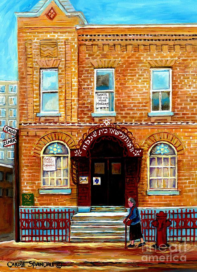 Montreal Memories Jewish Neighborhood Landmark Bagg Street Synagogue Corner Clark Canadian Art Painting by Carole Spandau