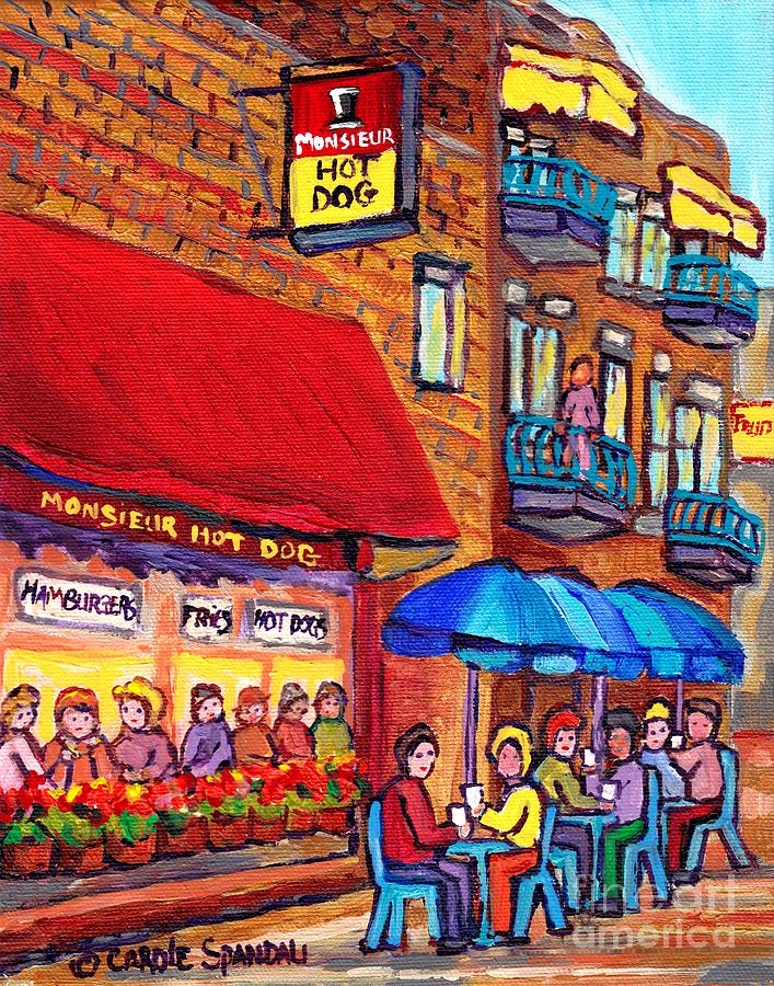 Montreal Memories Mr Hot Dog Sidewalk Cafe Scene Colorful Umbrellas Logo And Landmark Carole Spandau Painting by Carole Spandau