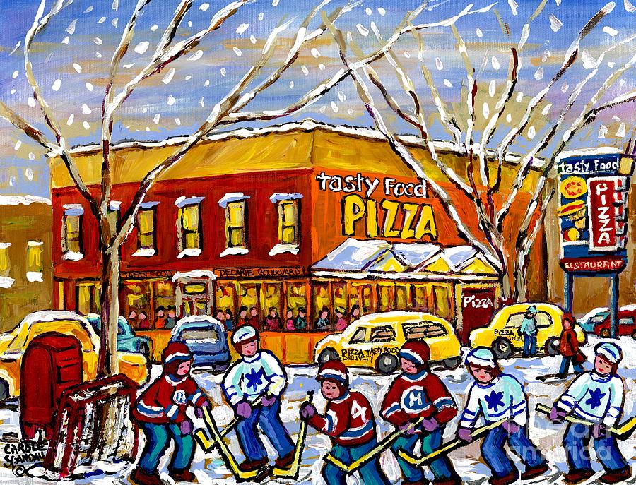 Montreal Memories Winter City Scene Tasty Food Pizza Parking Lot Hockey Game Canadian Art C Spandau  Painting by Carole Spandau