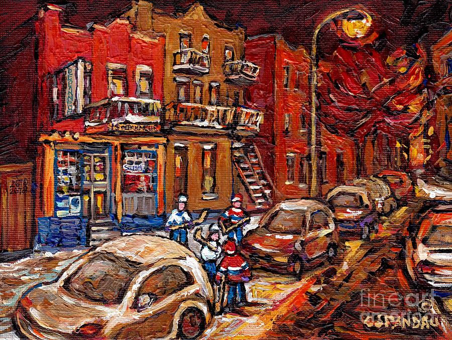 Montreal Night Scene Painting Hockey Game On Rue Centre At The Depanneur Pointe St Charles Winter  Painting by Carole Spandau