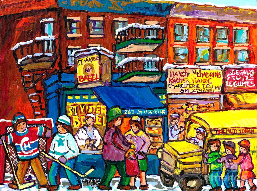 Montreal Painting St Viateur Bagel Shop Canadian Winter Street Scene Hockey Art Yellow School Bus  Painting by Carole Spandau